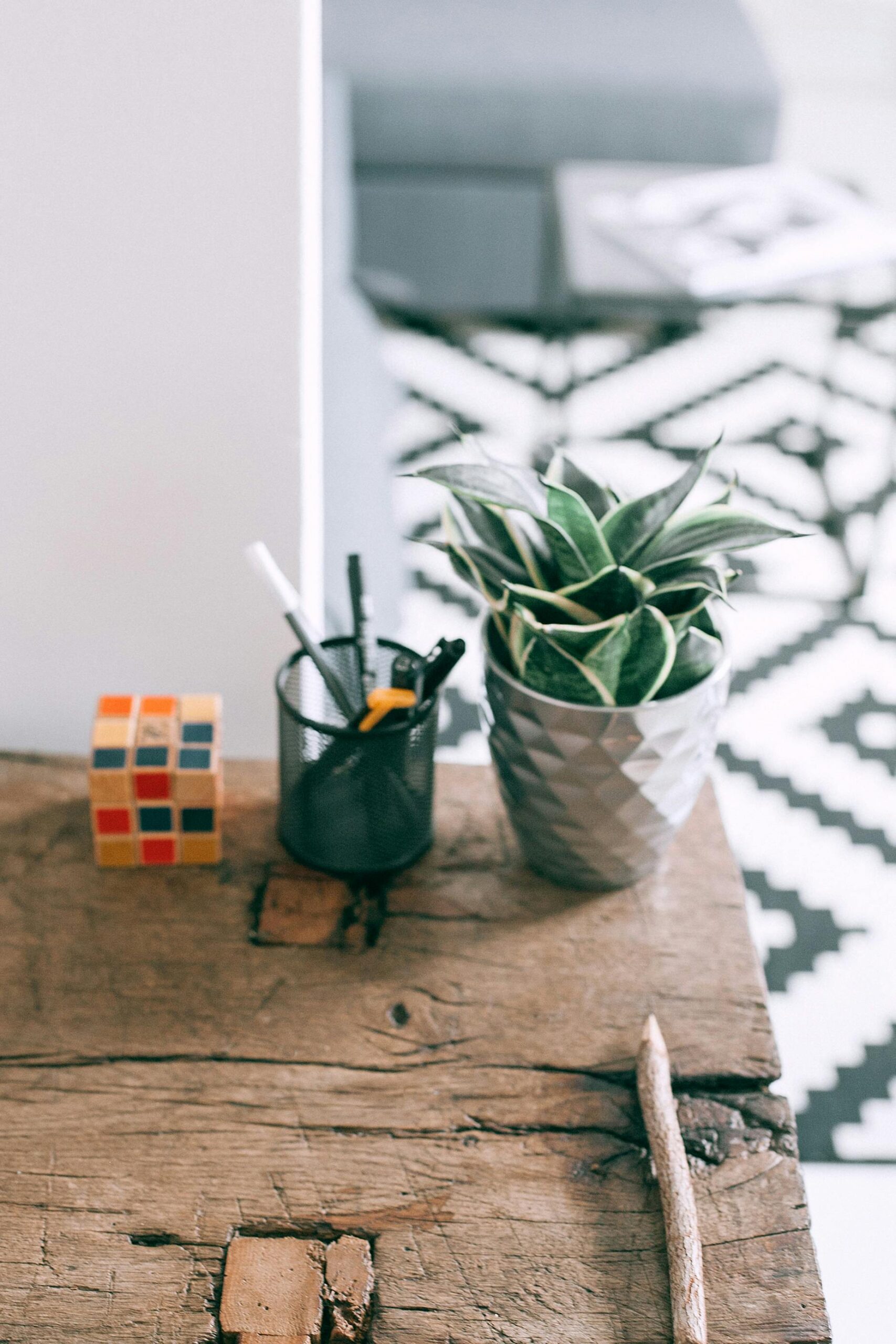 Modern workspace featuring a potted plant, Rubik's Cube, and stationery on a rustic table.